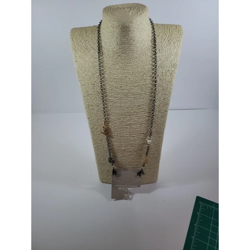 Chico's Gunmetal Heart Faux Pearl Peace Chic Convertible Mask Necklace-NWT